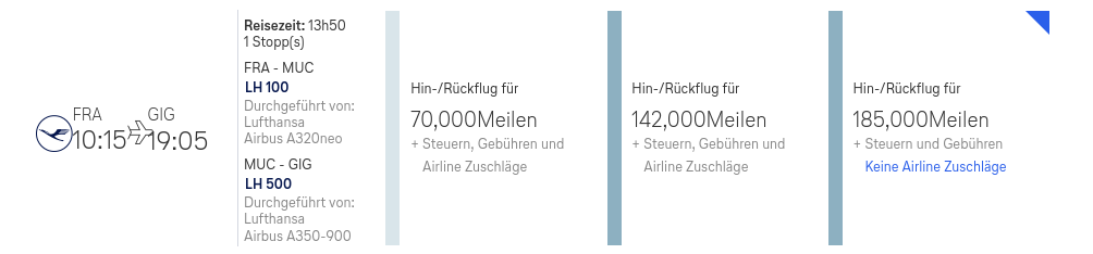 Beispiel für eine Flugbuchung Von Frankfurt nach Rio de Janeiro bei Lufthansa Meilenschnäppchen 