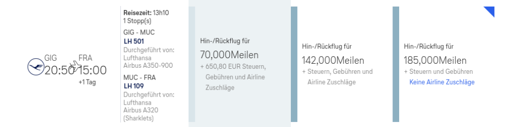 Beispiel für eine Flugbuchung Von Rio de Janeiro nach Frankfurt bei Lufthansa Meilenschnäppchen 