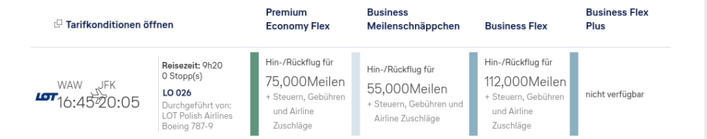 Buchungsbeispiel Meilenschnäppchen LOT von Warschau nach New York 