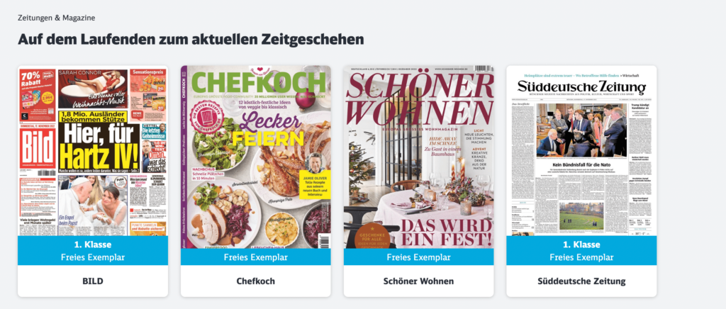 Deutsche Bahn ICE-Portal mit Zeitungen und Zeitschriften