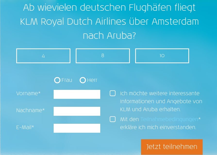 KLM Aruba Gewinnspiel - Du musst richtig antworten, um an der Verlosung teilzunehmen!