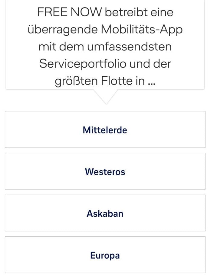 FREE NOW App-Quiz: Gewinne 3.000 Meilen mit der richtige Antwort.