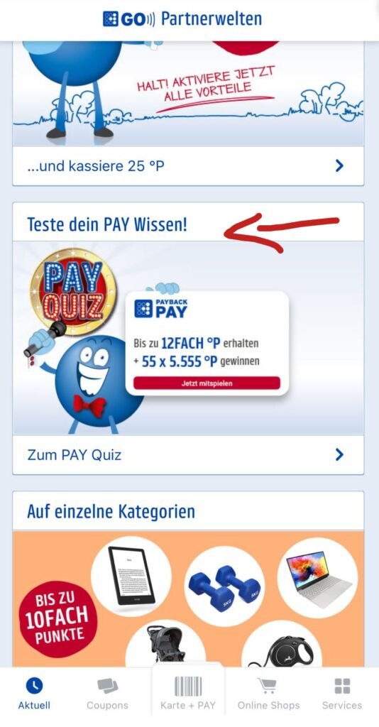 PAYBACK Gewinnspiel PAY Quiz: Werbeflächen in der App.
