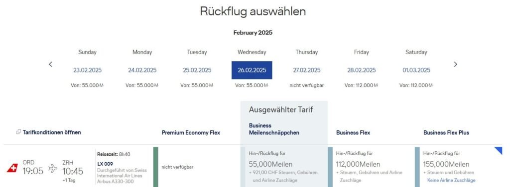 SWISS Meilenschnäppchen im November - Rückflug